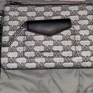 Michael Kors Black and White Logo Chain-Accent Crossbody Pouch